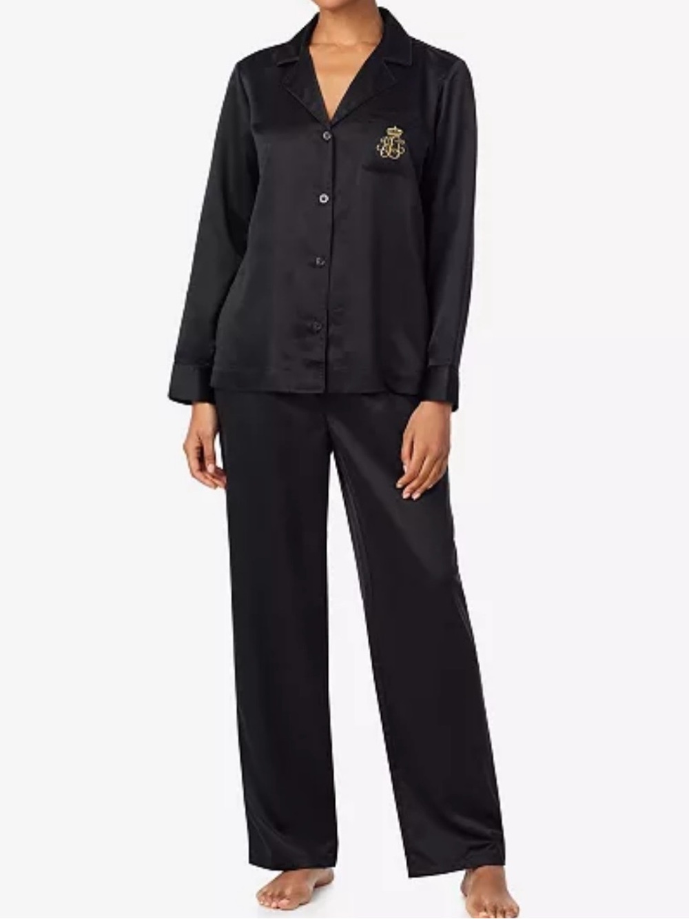 Ralph Lauren Black Satin Women's Pajama Set with Gold Embroidery